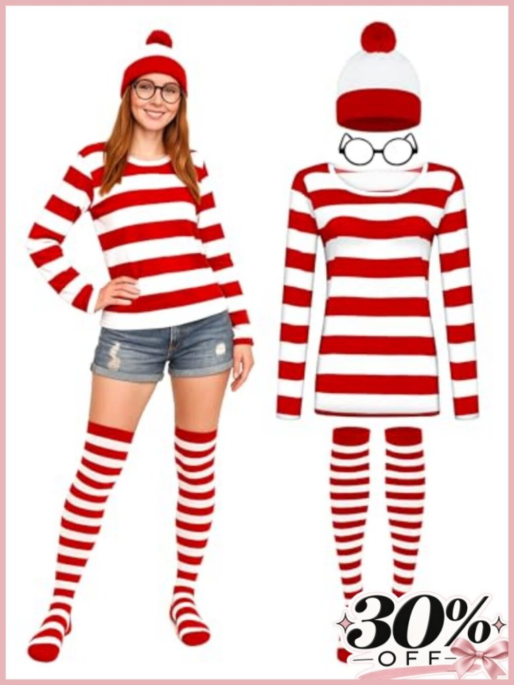 Halloween Costume Set Women Cosplay Striped Shirt Beanie Glasses Socks